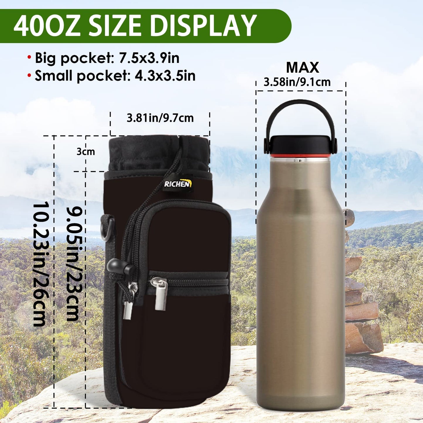 RICHEN Neoprene Water Bottle Carrier Bag 25/32/40 oz, Bottle Pouch Holder with Adjustable Padded Shoulder & Handle Strap and Front Pockets for Men/Women Hiking Travelling Camping (Black, 40oz)