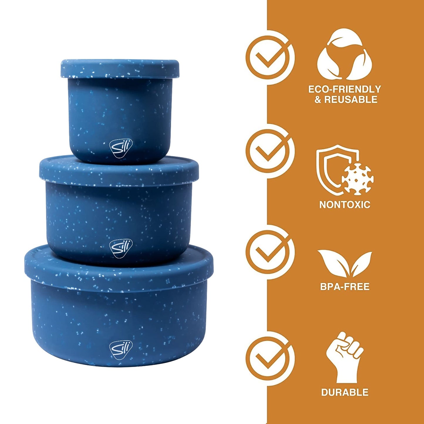 Silipint: Silicone Lidded Bowls: Set of 3: Speckled Blue - 10, 20 & 30oz - Flexible Unbreakable, Storage, Sustainable, Non-Slip