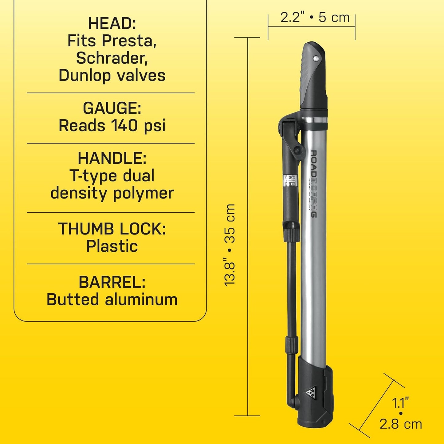 Topeak Road Morph G Bike Pump with Gauge, Black/Silver, 13.8” x 2.2” x 1.1”, TRP-3G