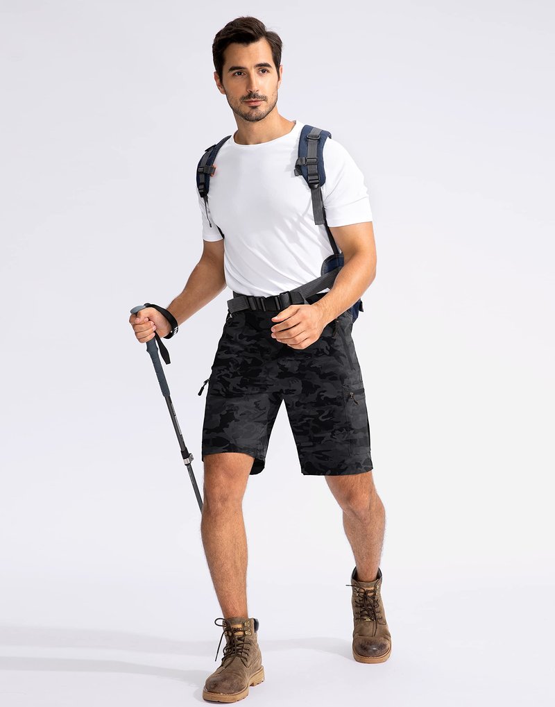 Pudolla Men's Hiking Cargo Shorts 9" Lightweight Outdoor Work Shorts for Men Travel Golf Camping Casual with 5 Zipper Pockets(Black Camo XX-Large)