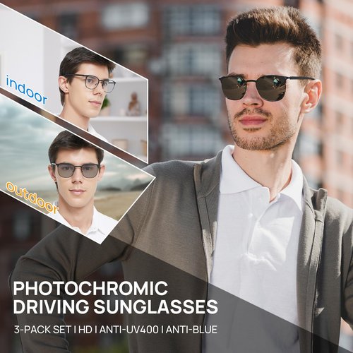 MARE AZZURO 3 Pack Photochromic Sunglasses Men Fashion Metal Blue Light Blocking Glasses Cool Sun Shades UV400 Protection