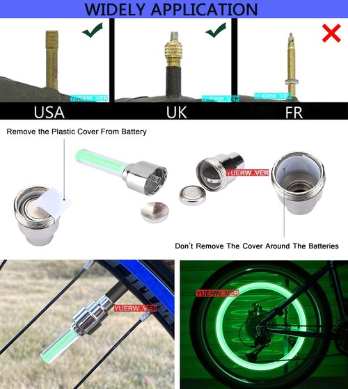 YUERWOVER 4 Pack LED Bike Wheel Stick Light Car Tire Valve Stem Cap Bicycle Motor Tyre Flash Light Reflector Accessories for Kids Men Women with 10 Extra Batteries(Green)
