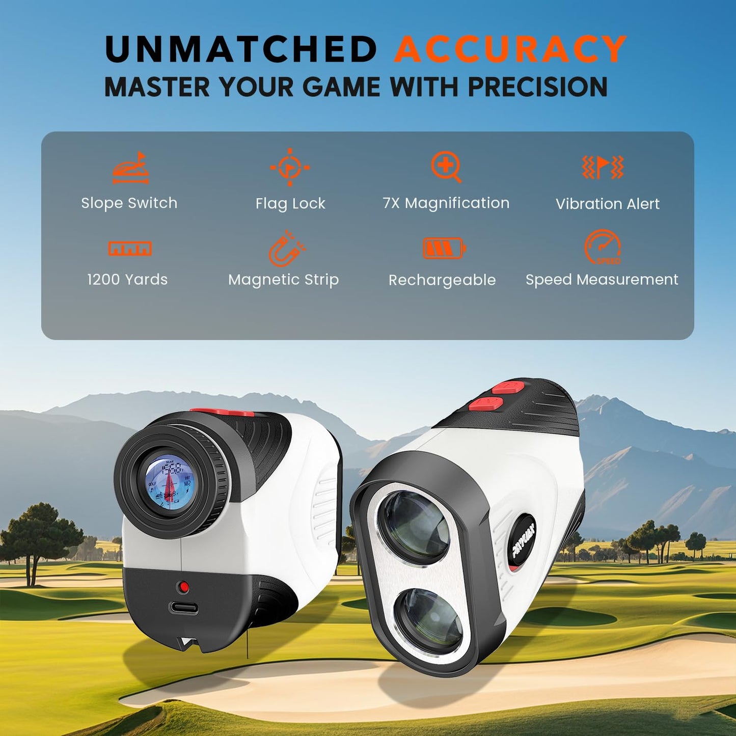Golf Rangefinder with Slope,1200 Yards Laser Range Finder Golfing,7X Magnification,Flag Lock Vibration,Rechargeable Range Finders with Magnet Stripe,Continuous Scan Mode,High Precision Measurement.