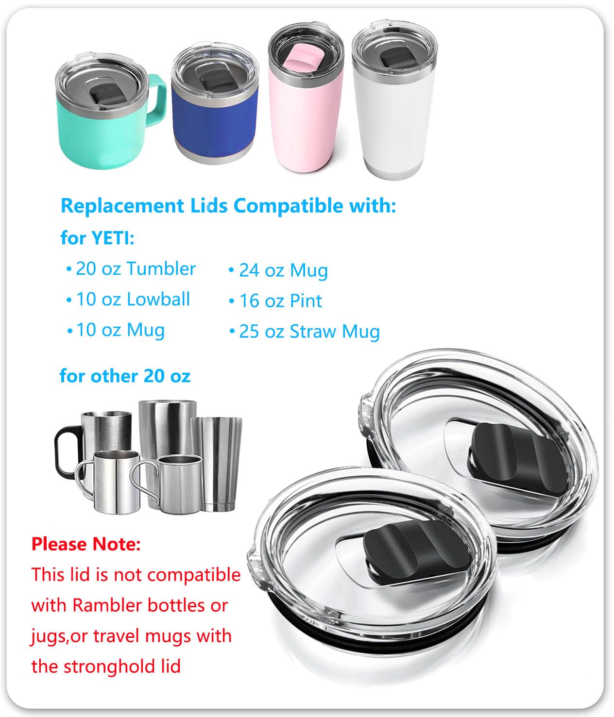 2Pack 20 oz for YETI Tumbler Lid, with 3 Black Magnetic Slider Replacement, Compatible for YETI 20 oz Tumbler, for 10/24 oz Mug and 10 oz Lowball, Coffee Tumbler
