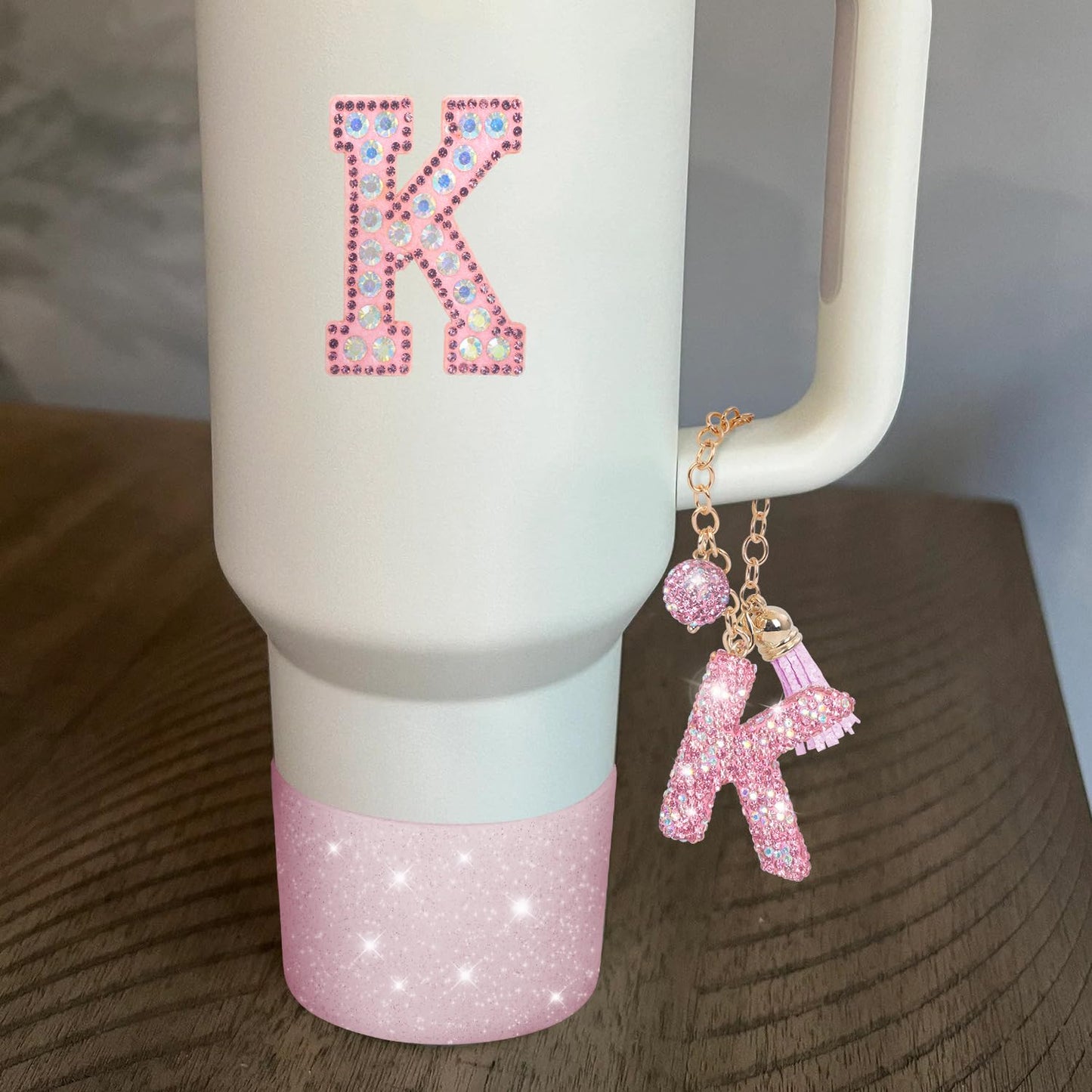 JUNIQUTE Pink Diamond Letter Charms Accessories for Handle Set, Bottom Protector for 40oz 30oz Stanley Cup, Crown Straw Cover & Sticker (K)