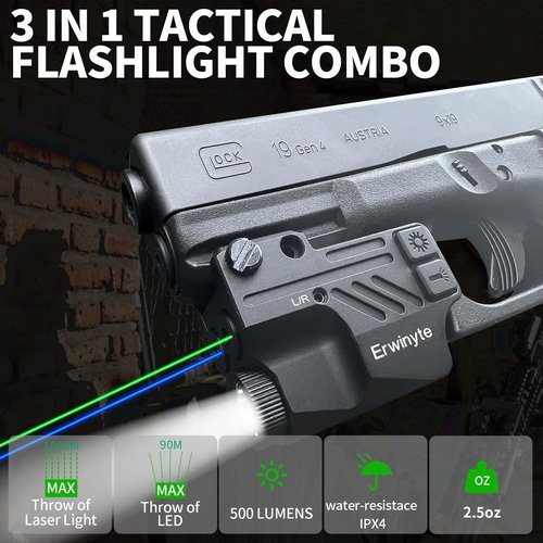 erwinyte D40F-GB 500 Lumens Pistol Flashlight,Blue/Green Laser Sight for Pistol,Rechargeable Handgun Light Laser Combo,Aluminum Weapon Light for Pistol with Rail
