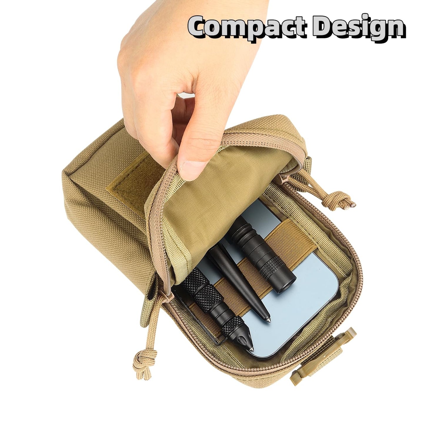 PreciousU Tactical Molle Accessory Pouch,Backpack Shoulder Strap Bag with Double-Zipper Pocket, Top Pocket and Shoulder Strap Attachment - Perfect for Outdoor Activities and Tactical Gear (Khaki)