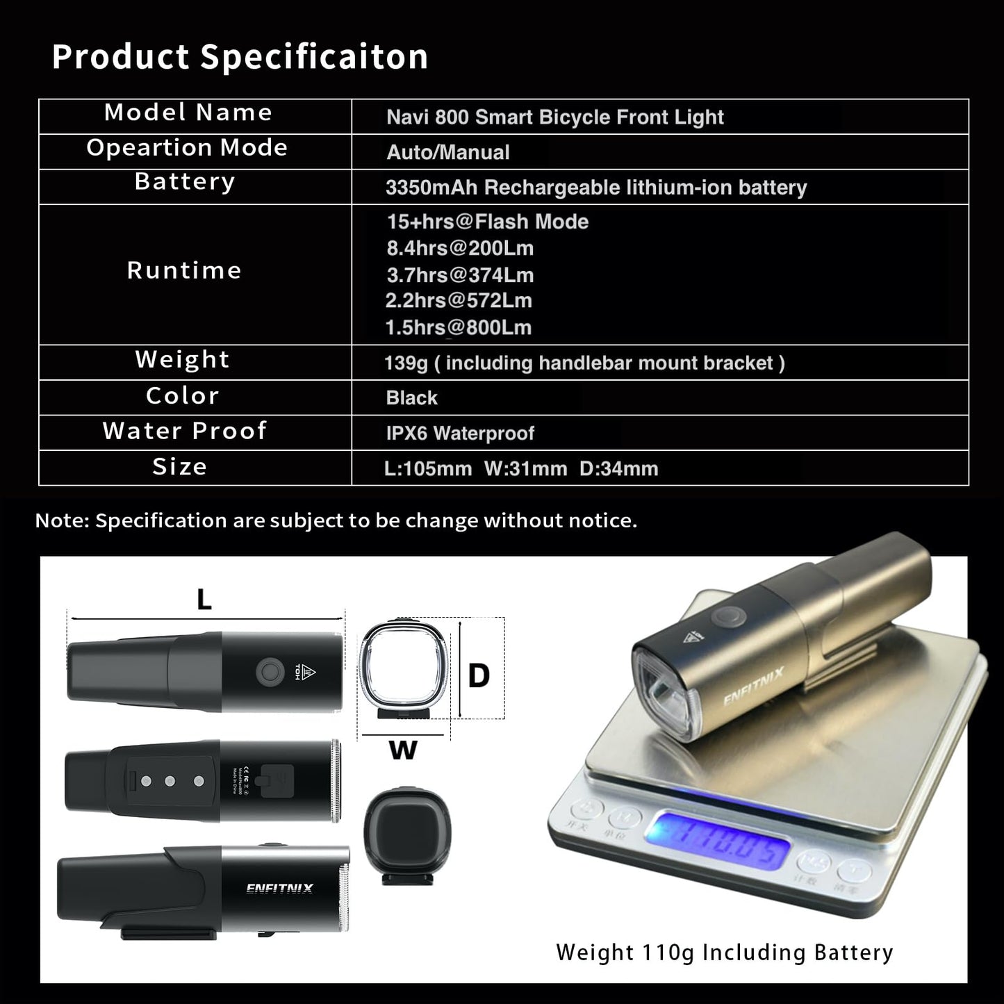 Navi 800 Smart Bike Light, Auto On/Off, 3350 mAh USB Type-C Rechargeable Bicycle Front Lamp, 800 Lumen Multi-Mode Super Bright LED Bike Headlight, IPX6 Waterproof, Aluminum Frame, 5 Light Modes.