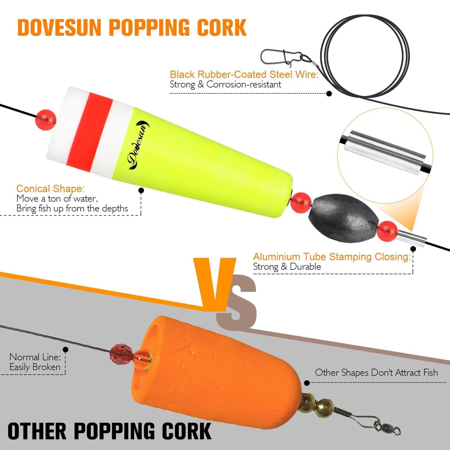 Dovesun Popping Cork Weighted Fishing Bobbers Floats Fishing Corks Popping Corks for Saltwater Freshwater Yellow Float Length-3in & Buoyancy-1oz*3pcs