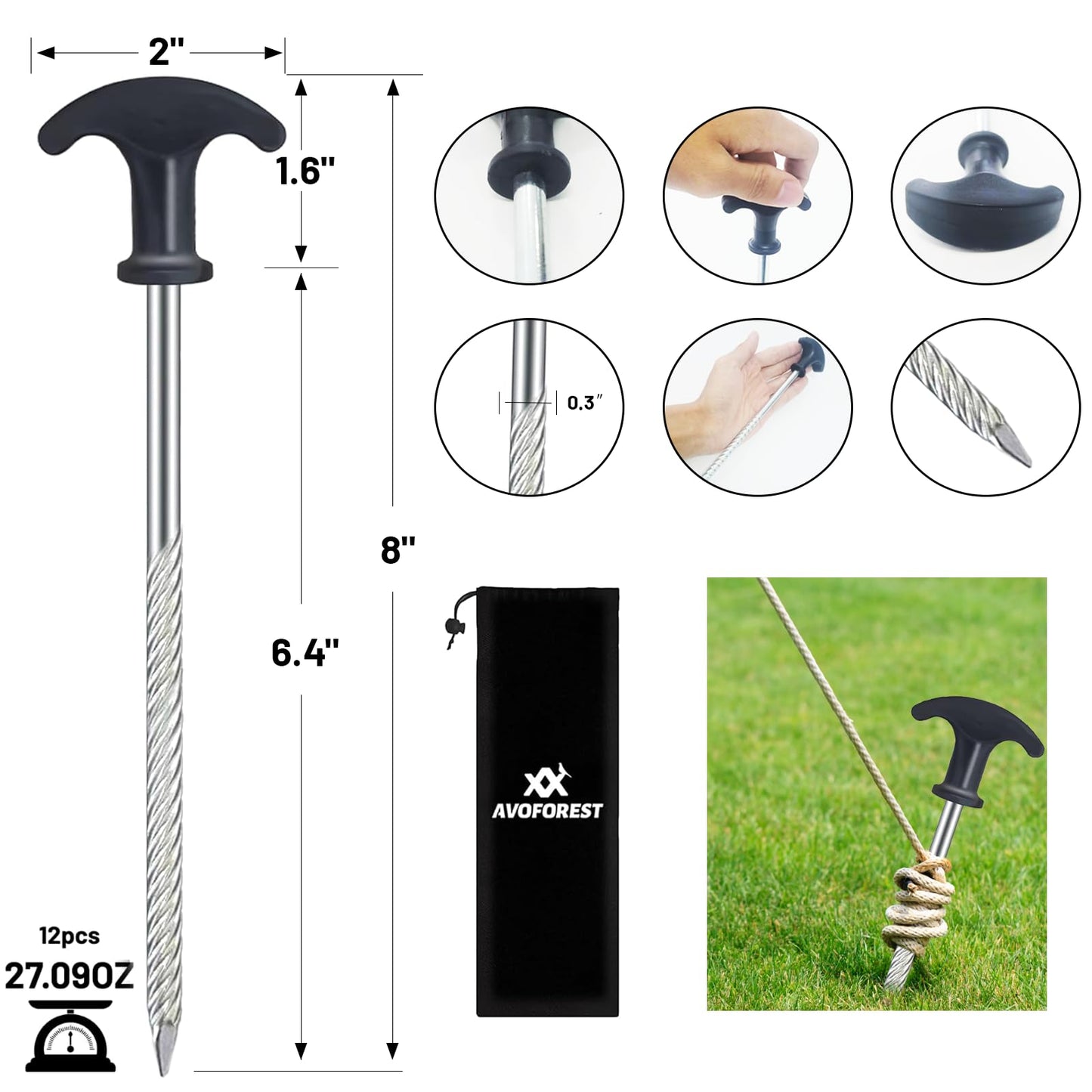 12pcs Heavy Duty Tent Stakes AVOFOREST 8 inch Tent Stakes Portable Camping Stakes for Camping Patio, Garden, Canopies, Grassland, Outdoor Black