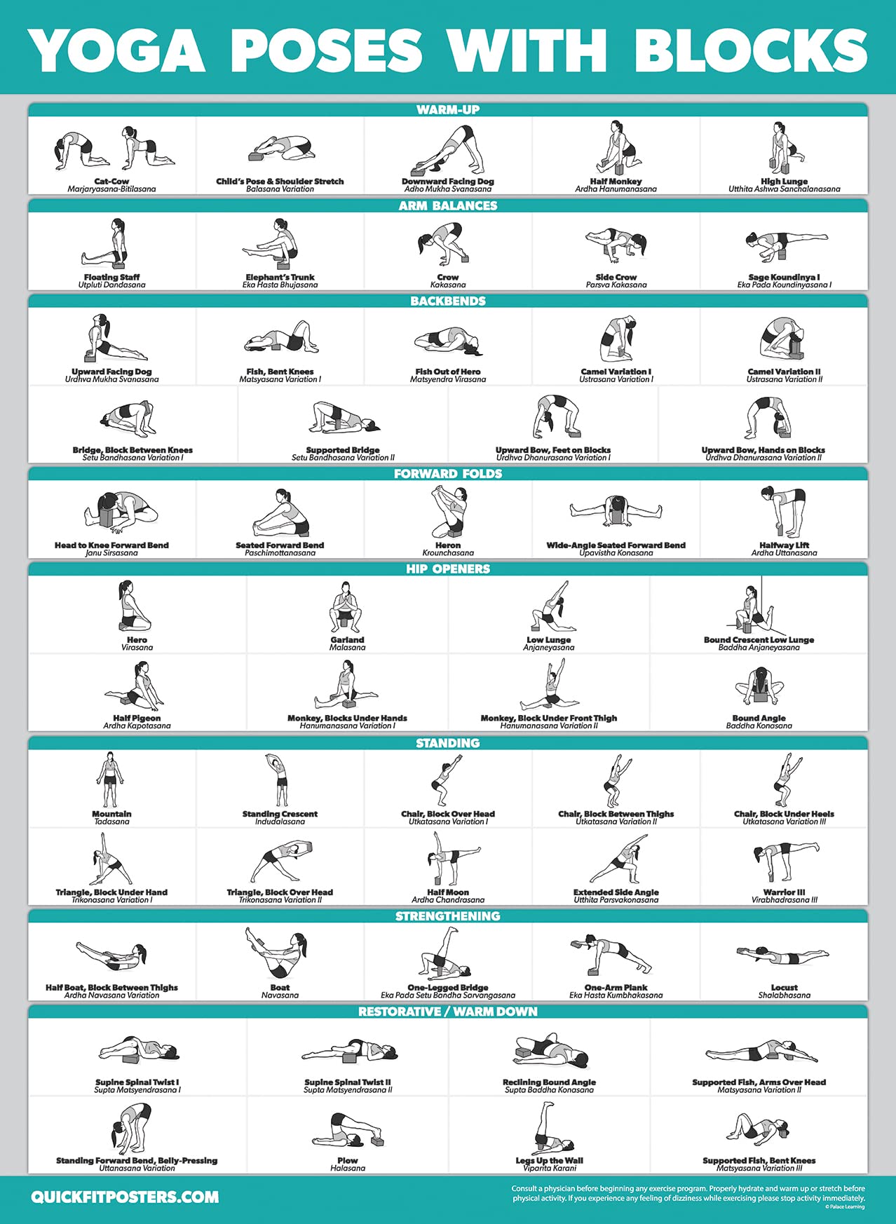 2 Pack - Yoga Block Poses + Stretching Exercise Poster Set - Yoga Positions with Blocks Chart - Set of Two Fitness Charts (18 x 24, LAMINATED)