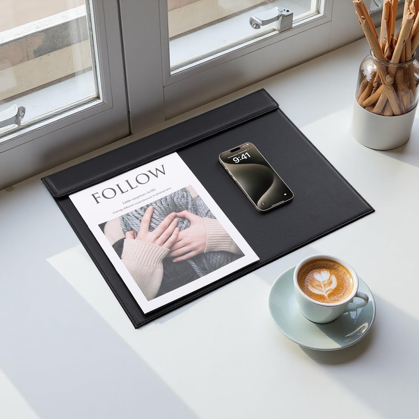 KINGFOM Ultra-Smooth PU Leather Desk Pad & Mat Office Desk Drawing & Writing Board A3/ A4 File Paper Clip Table Protector Mat on Top Large 24''x18'' (Black)