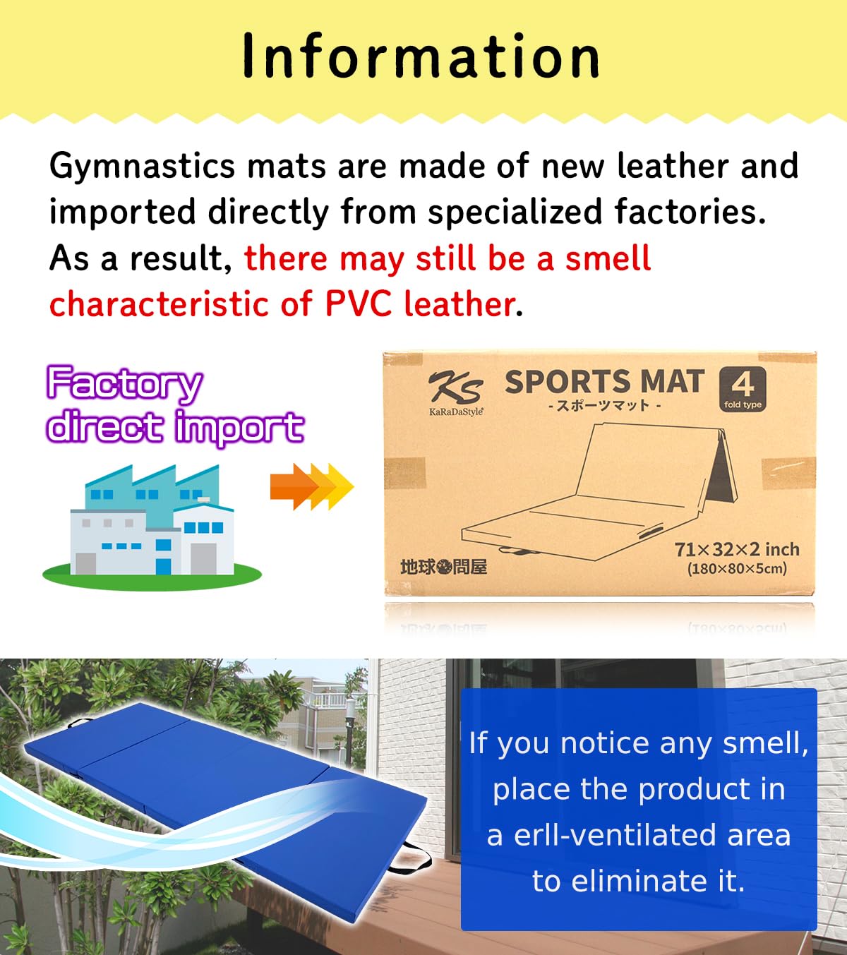 KaRaDaStyle Gymnastics Mat 4-Folding Stretch Mats 71"x31"x2" Exercise Muscle Training Children Play Horizontal Bar Mat Yoga Sports Soundproof Home Use (Yellow/4-fold)