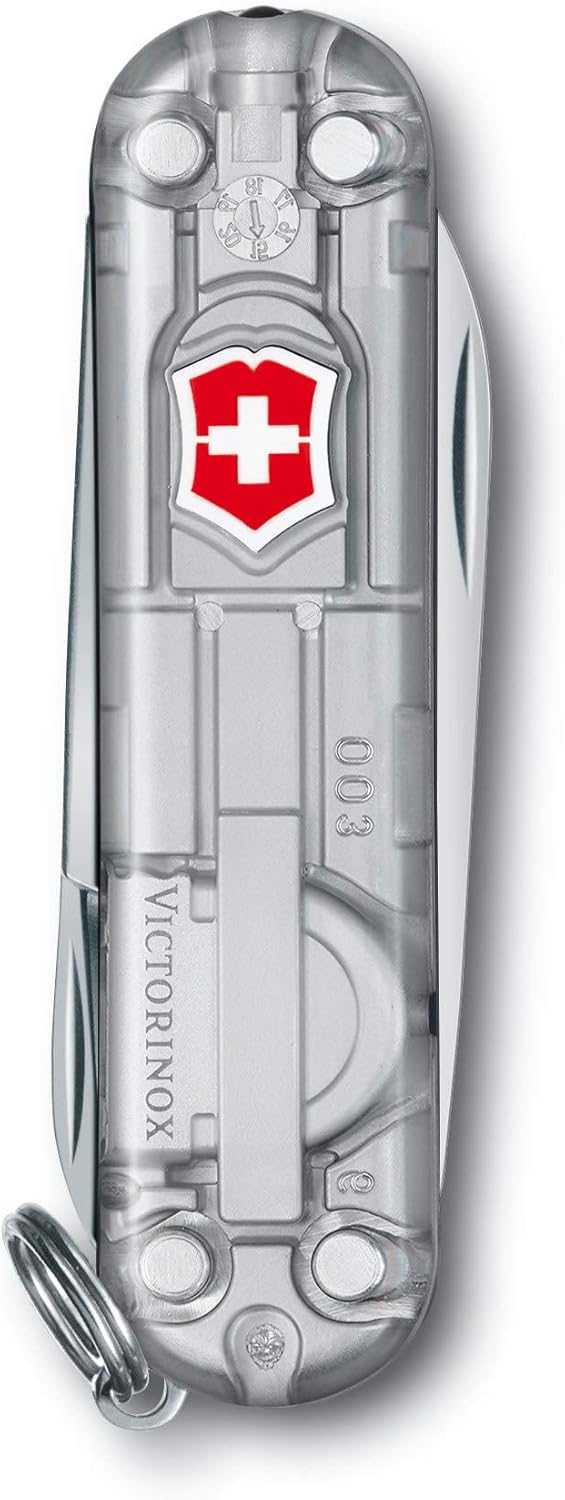 Victorinox Signature Lite Swiss Army Knife, Compact, 7 Functions, Swiss Made Pocket Knife with Pressurized Ballpoint Pen, LED and Key Ring - Silver Tech