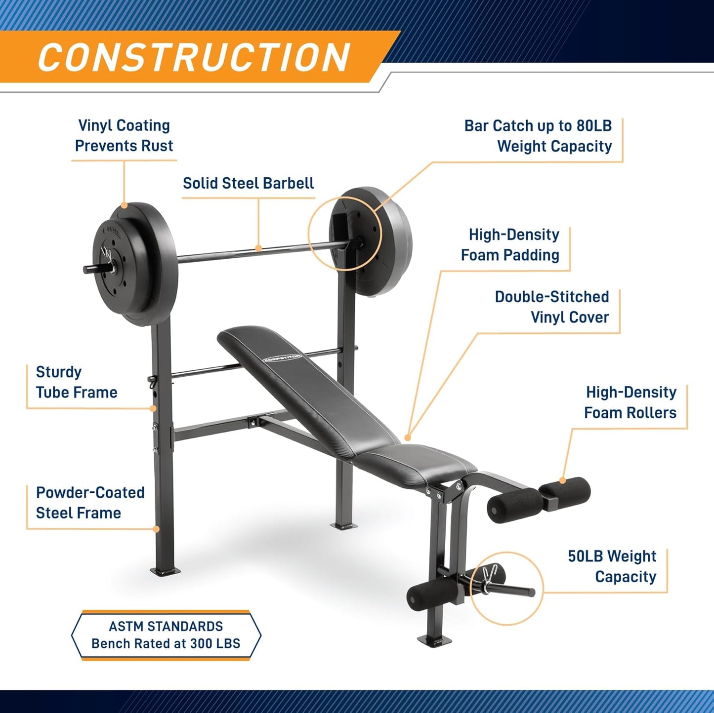 Marcy Standard Weight Bench with 80lbs to 100 lbs Vinyl-Coated Weight Set for Strength Training, Weight Lifting for Personal Home Gym