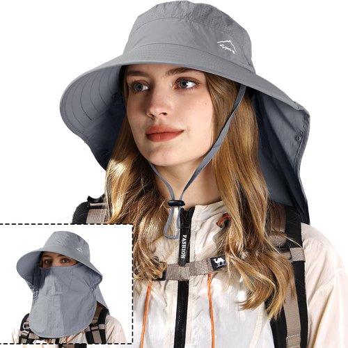 Rosoz Sun Hat for Men Women with Neck Flap,Wide Brim UPF50+ Fishing Hat with Detachable Face Cover Outdoor Sun Protection Hat