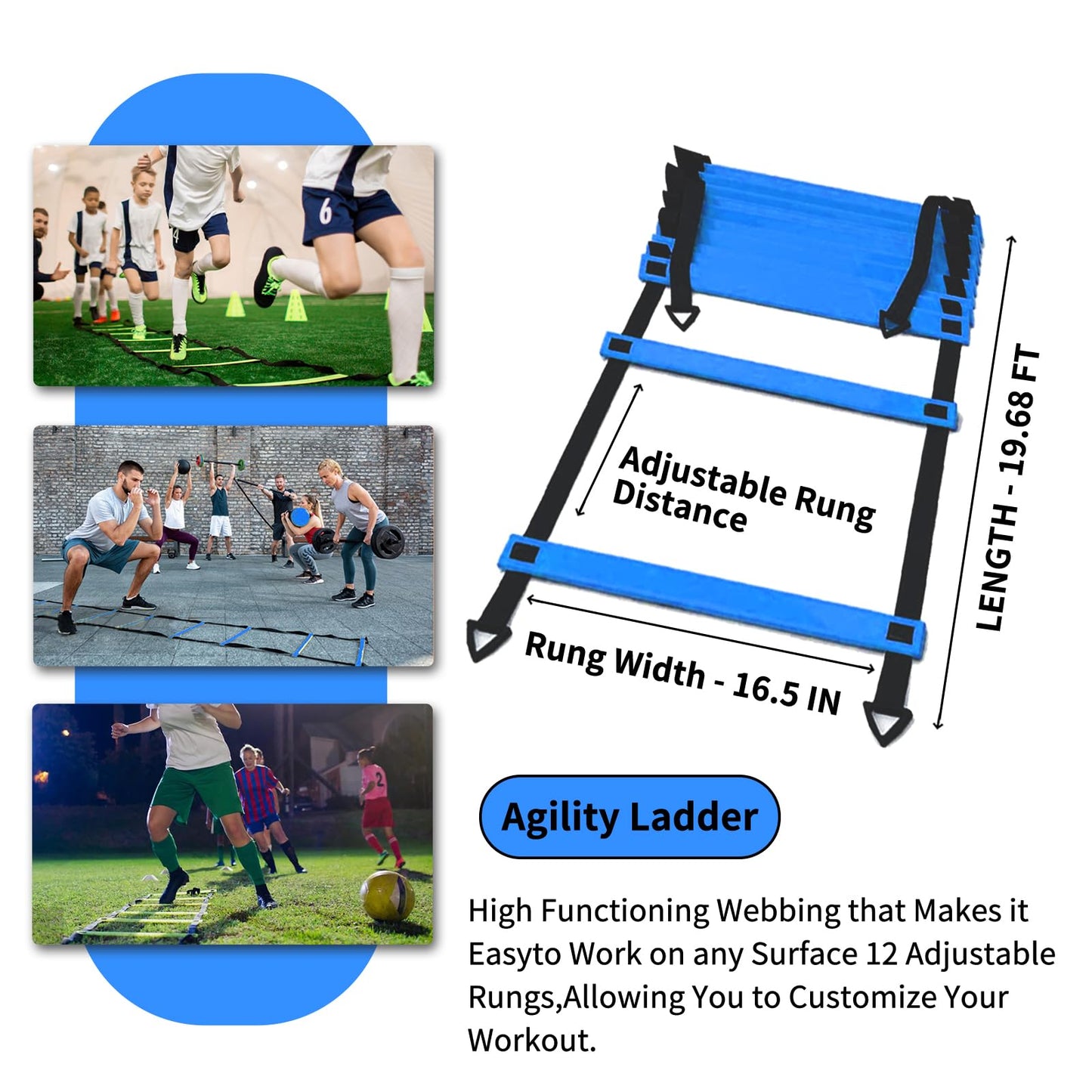 IHEPYQ Soccer Agility Training Equipment Set, 12 Rung 20Ft Agility Ladder, 12 Disc Cones,Solo Soccer Trainer, Jump Rope - Speed Training Equipment for Soccer Football Basketball-Blue