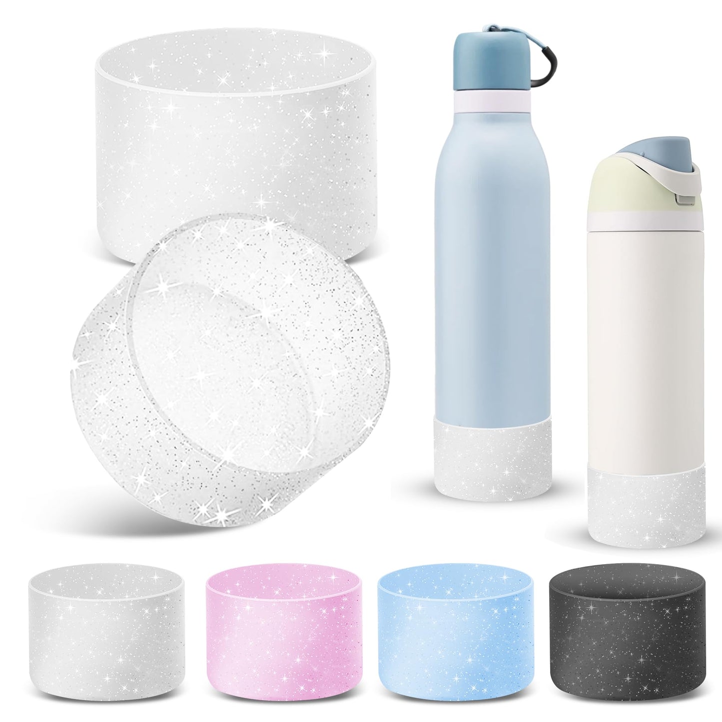 2 PCS Protective Glitter Silicone Boot for Owala 24oz Freesip Twist, Water Bottle Boot Accessories, No Scratche Bottom Bumper Protector for Cup with 2.85-2.95" Bottom, Bling No-Slip Sleeve Cover White