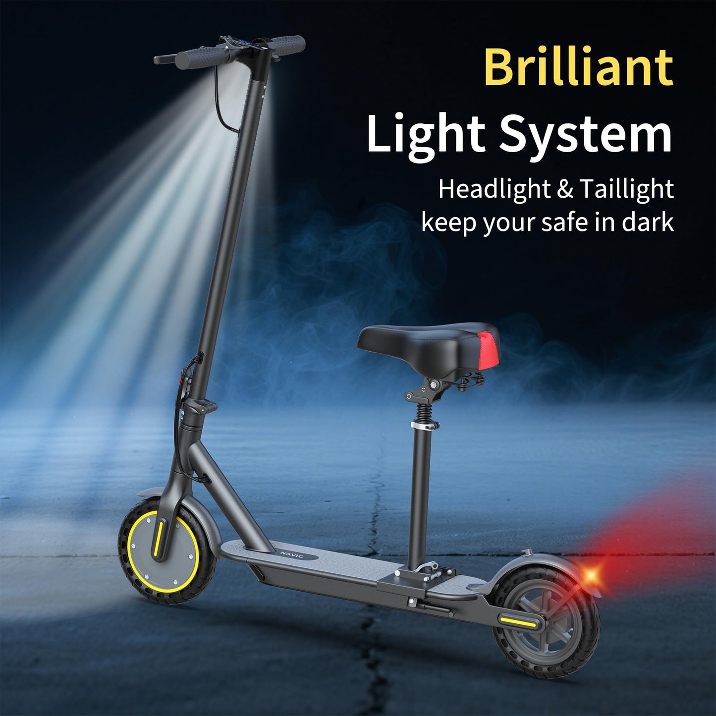 NAVIC Electric Scooter, Folding E Scooter for Adults with Seat, 8.5" Solid Tires, 350W Motor, Max Speed Up to 16MPH, 21 Miles Long-Range, Portable Commuting Scooter with Double Braking, APP