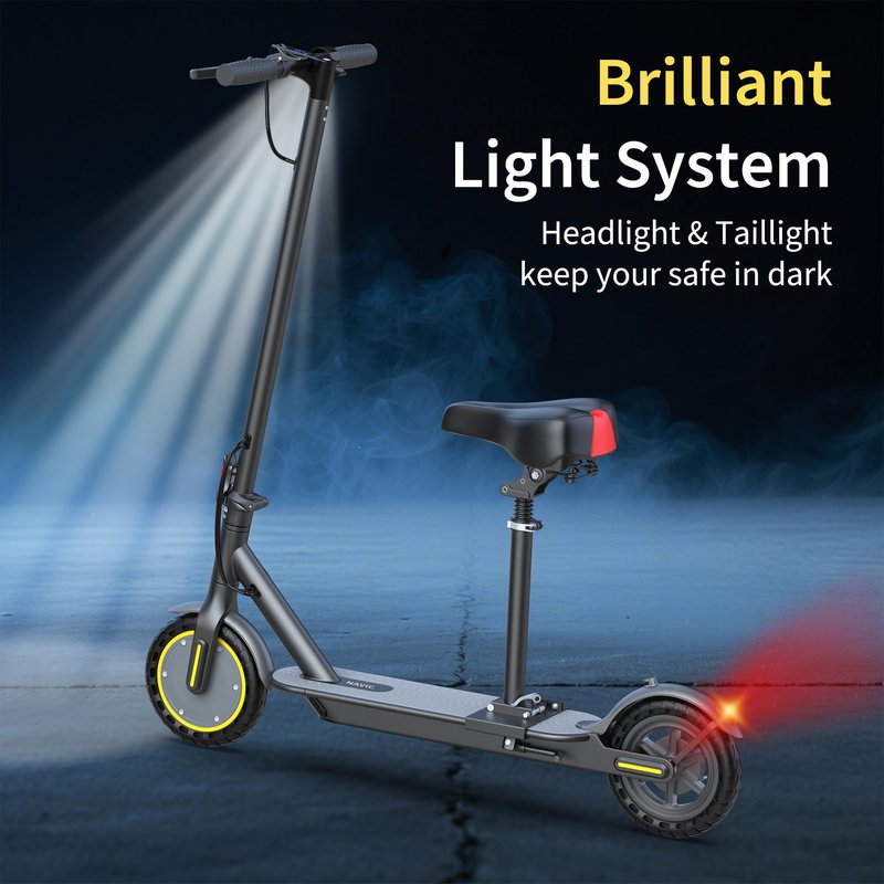NAVIC Electric Scooter, Folding E Scooter for Adults with Seat, 8.5" Solid Tires, 350W Motor, Max Speed Up to 16MPH, 21 Miles Long-Range, Portable Commuting Scooter with Double Braking, APP