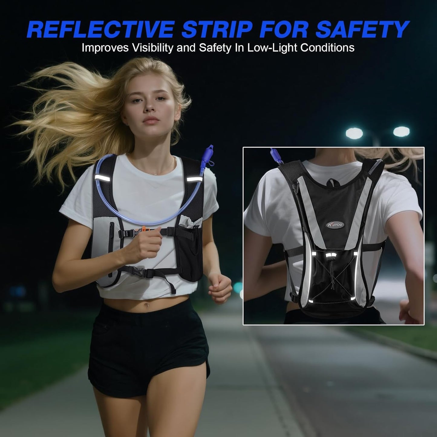 KUYOU Running Hydration Vest - Lightweight Insulated Hydration Backpack with 2L Water Bladder, Adjustable Chest Straps and Reflective Water Backpack for Trail Running Marathon Race Hiking Cycling