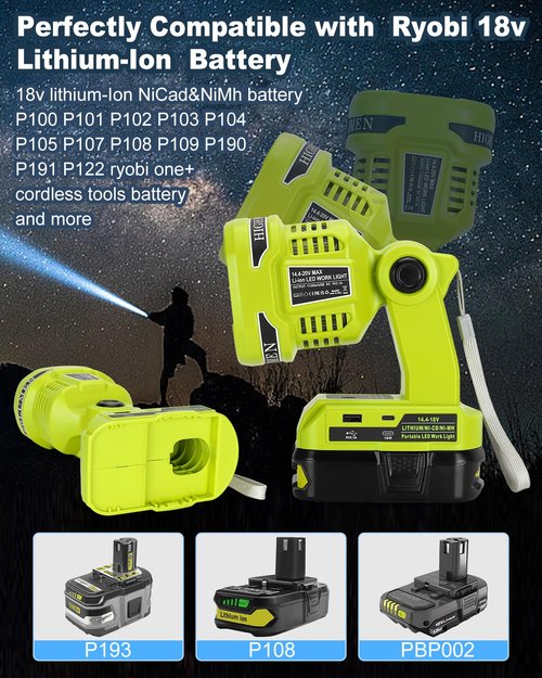 Adisipsoarin Cordless LED Flashlight for Ryobi 18V Battery, 22W LED Work Light with USB-A&USB-C 2.1A Fast Charging Ports for Jobsite, Car Repairing, Camping, Emergency(Battery not Included)
