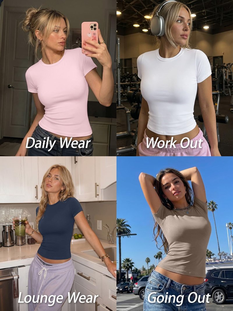Trendy Queen Womens Short Sleeve T Shirts - Buttery Soft Summer Crop Tops Slim Fit Y2k Basic Tees for Workout White S