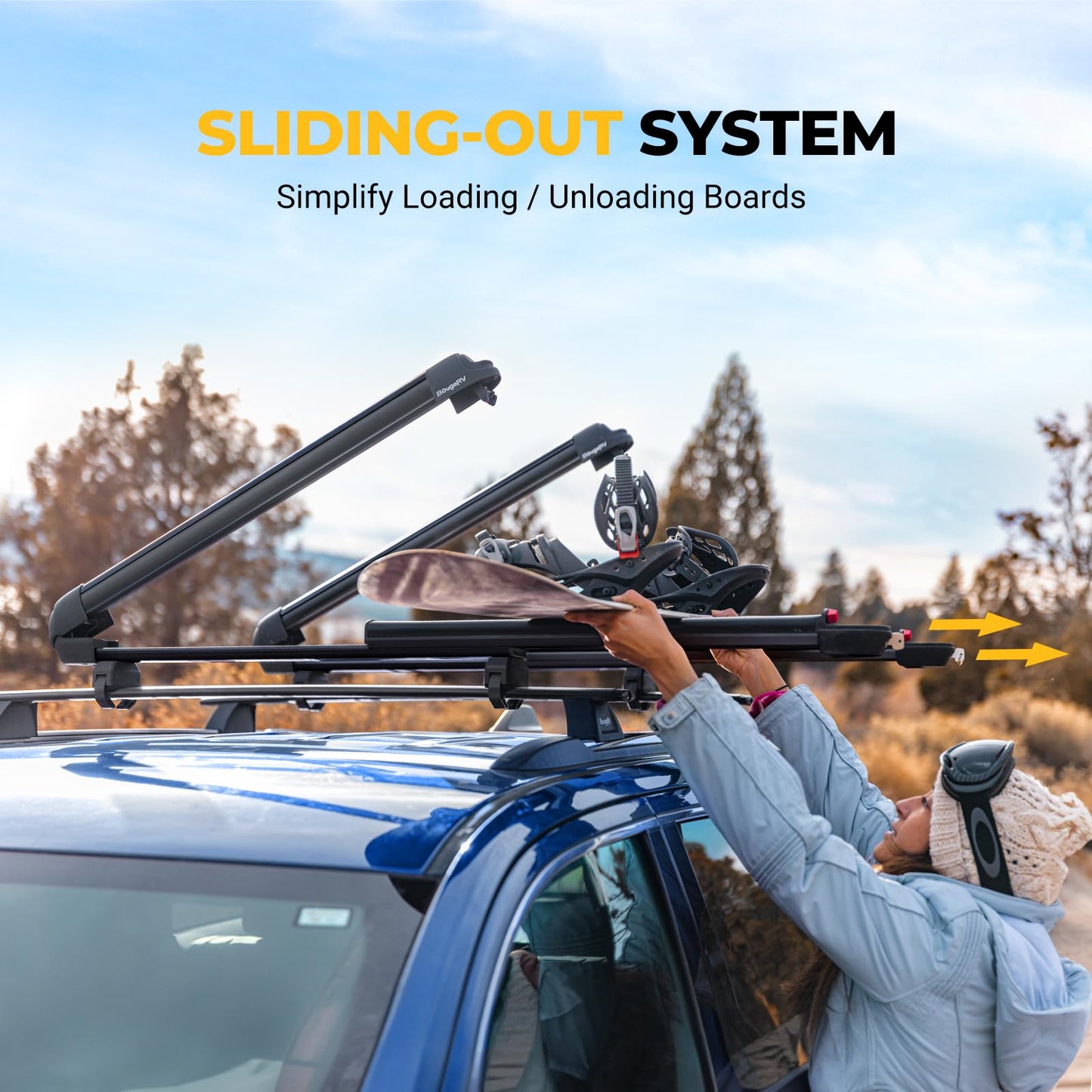 BougeRV Lockable Ski & Snowboard Racks, Extension with Sliding Feature, 28'' Fits 6 Pairs Skis or 4 Snowboards, Crab Mounting System Fits for Square/Aero/Oval Cross Bars (Black)