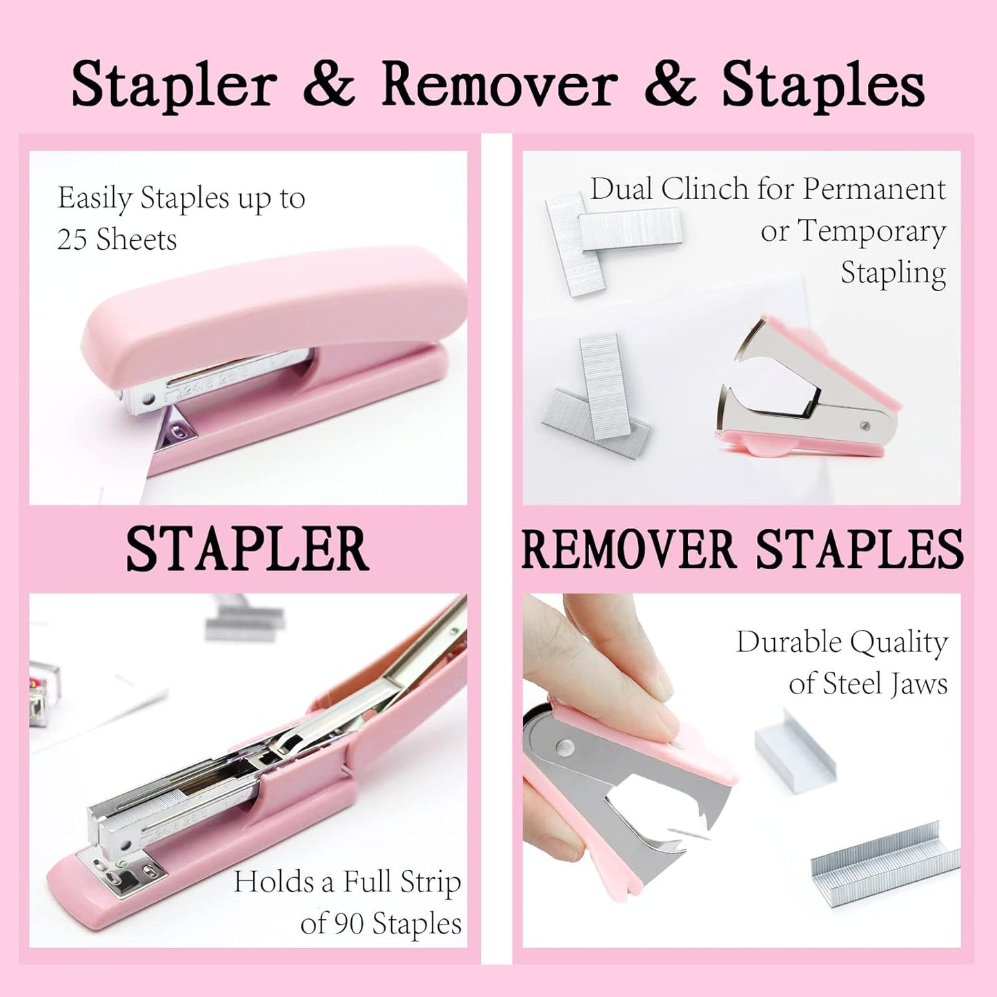 White Office Supplies, UPIHO White Desk Accessories, Stapler and Tape Dispenser Set for Women with Stapler,Tape Dispenser, Staple Remover, Staples,Scissor and Tabs for Students Office Clerks