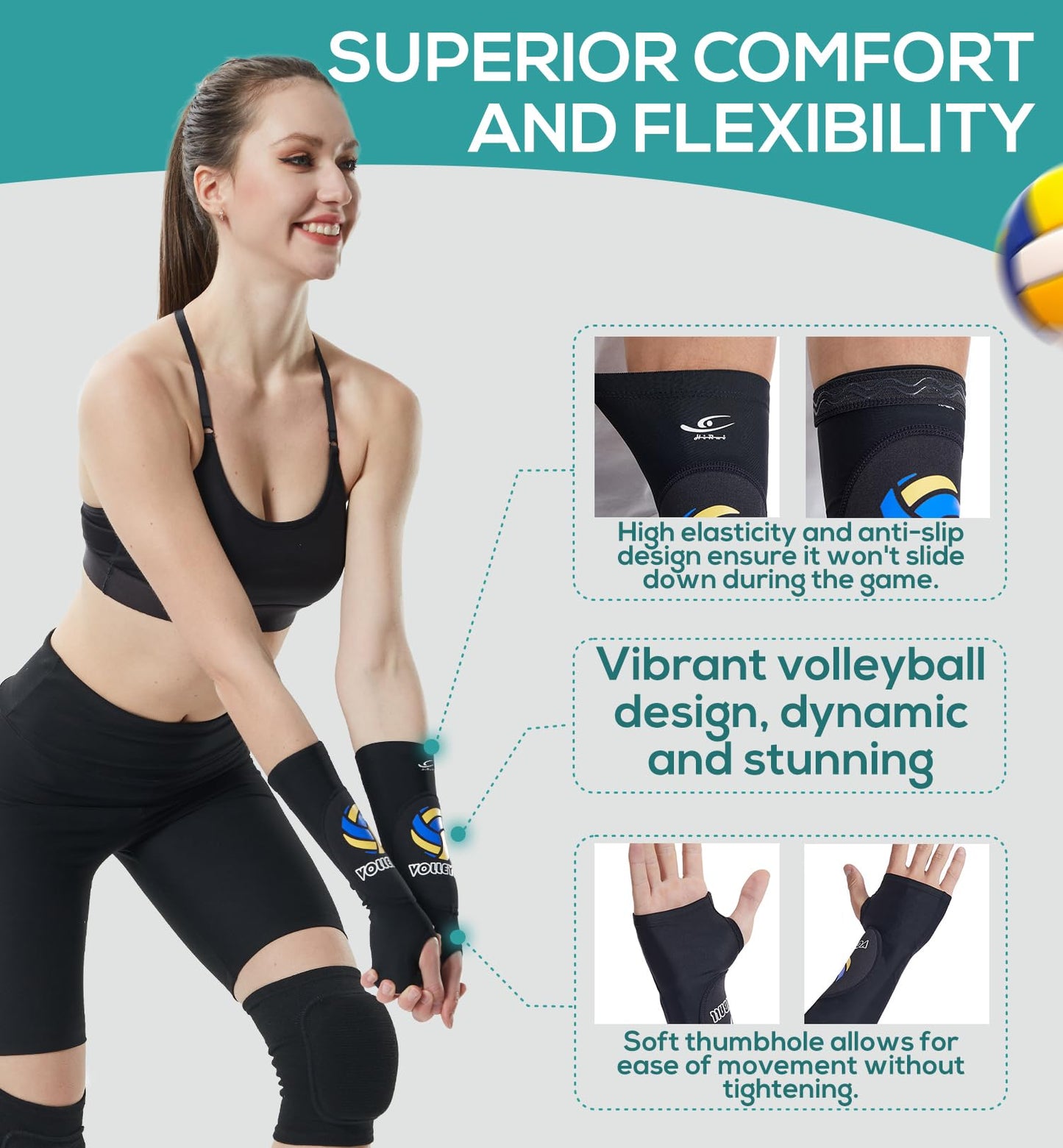 HiRui Volleyball Arm Guards Arm Sleeves, Passing Forearm Sleeves with Protection Pads and Thumb Hole for Kids Youth Women Men (Black, Small)