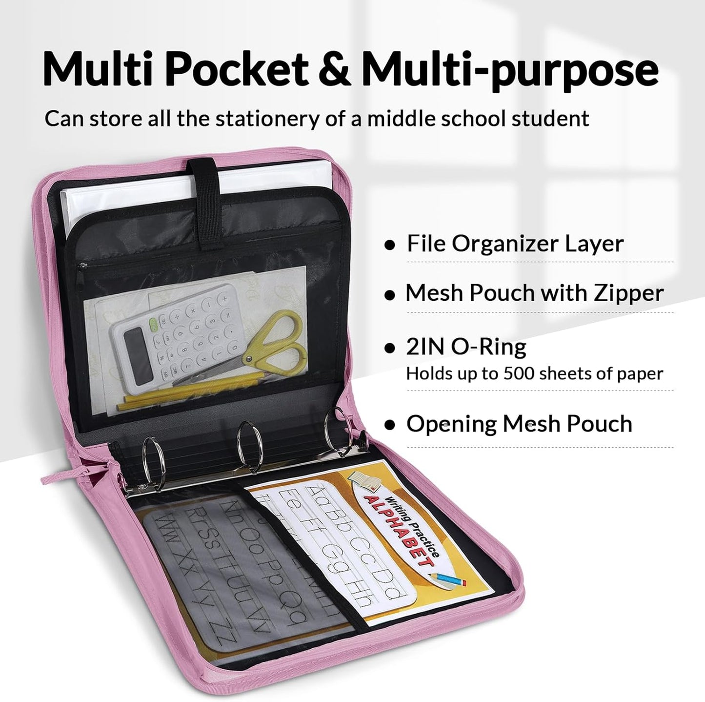 SUNEE Zippered Binder Bag with Handle, 2-Inch 3-Ring O-Ring, 500-Sheet Capacity, Includes Zip Pocket, 5-Tab Expanding File Folder, Multi-Pocket Organizer Binder for Middle School, Pink Lotus