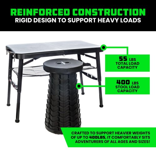 Rhino USA Portable Camping Table and Stool Set - Lightweight Foldable Camp Tables with Net for Beach Trips, Fishing, Picnic, Cooking & Much More (Black)
