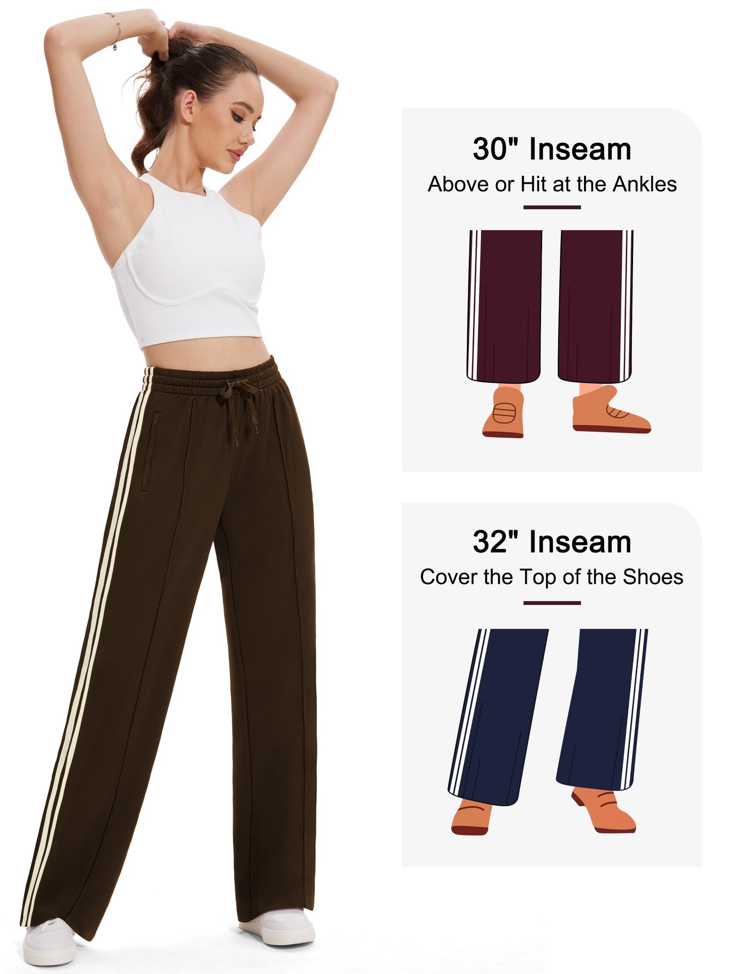 Tapata Petite Womens 28" Inseam Track Pants Relaxed Fit Striped Workout Sweatpants Baggy Trousers with Zipper Pockets, Brown, L