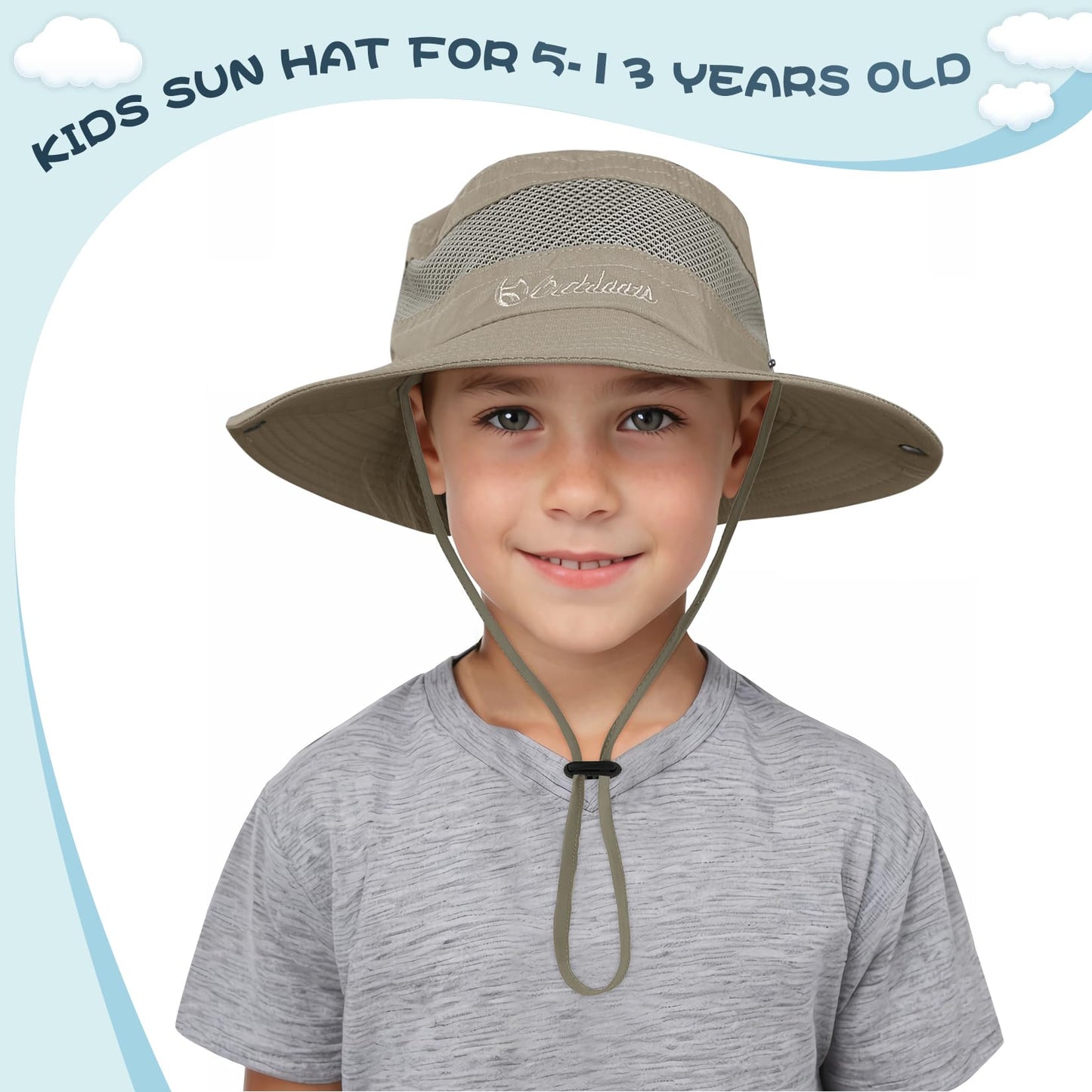 Kids Sun Hat UPF 50+ Sun Protective Bucket Hat for Kids Boys Girls Wide Brim Summer Beach Fishing Safari Adjustable Hat Khaki & Deep Grey 5-13 Years