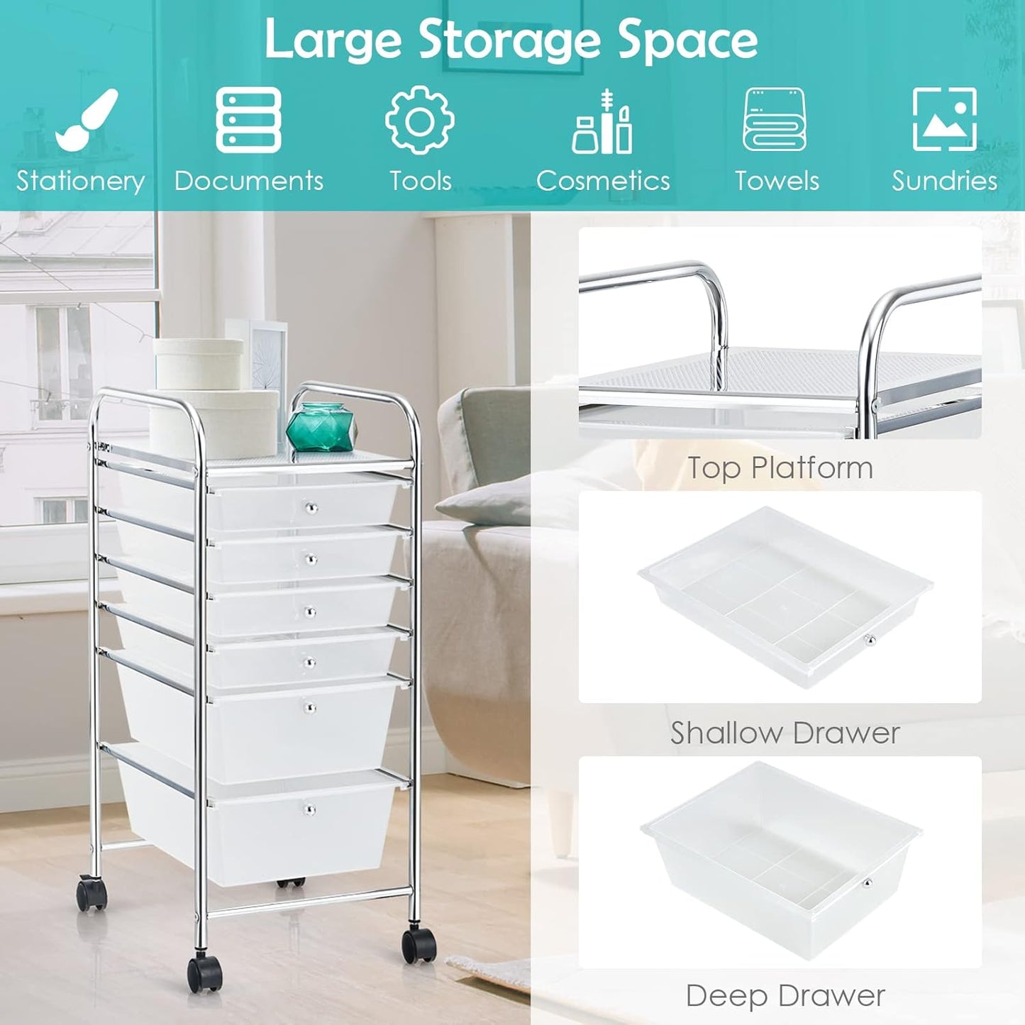 RELAX4LIFE 6-Drawer Rolling Storage Cart - Classroom Organization on Wheels w/Removable Plastic Drawers, Mobile Art Craft Cart for School Paper Home Office, Utility Cart with Drawers (Macaron)