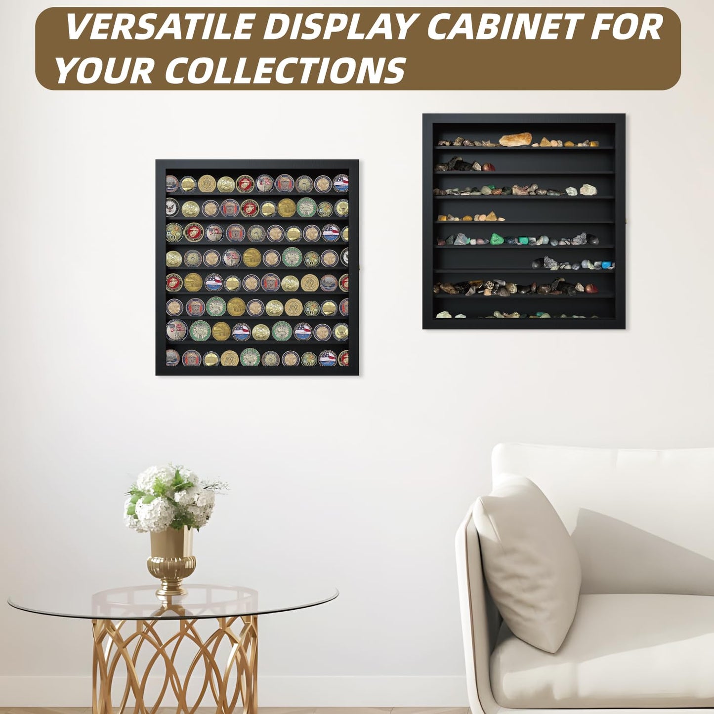 Large Display Case for 1/64 Scale Model Cars, Wall-Mounted or Freestanding Wood Display Cabinet for Hot Wheels, Rocks, Challenge Coins, Mini Toys, Minifigures, UV Protection Shadow Box, Black