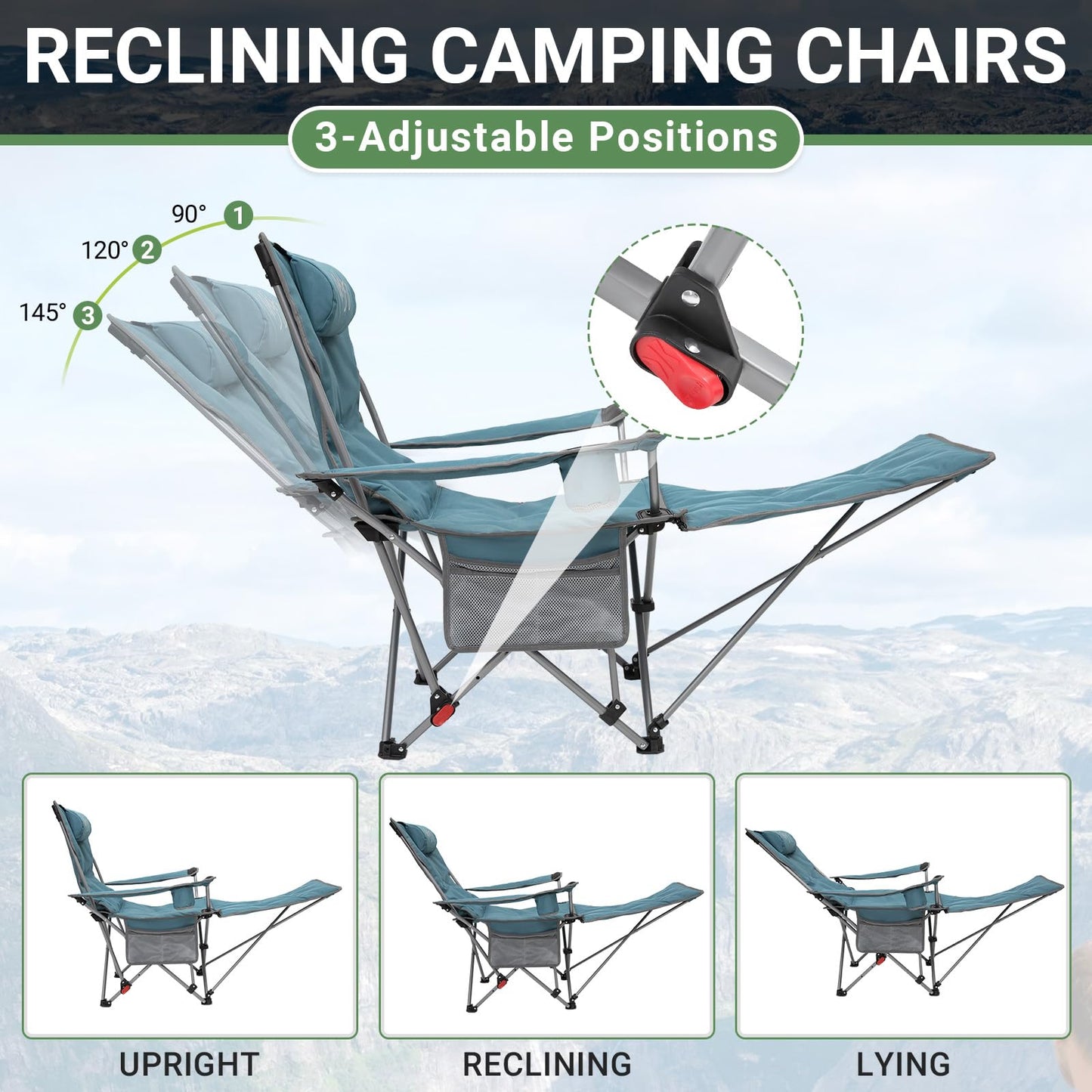 #WEJOY 2-in-1 Camping Chair Reclining, Lightweight Folding Camping Chair with Adjustable Backrest & Footrest, Camping Lounge Chair with Headrest, Cup Holder, Storage Bag, for Beach, Lawn, Concert