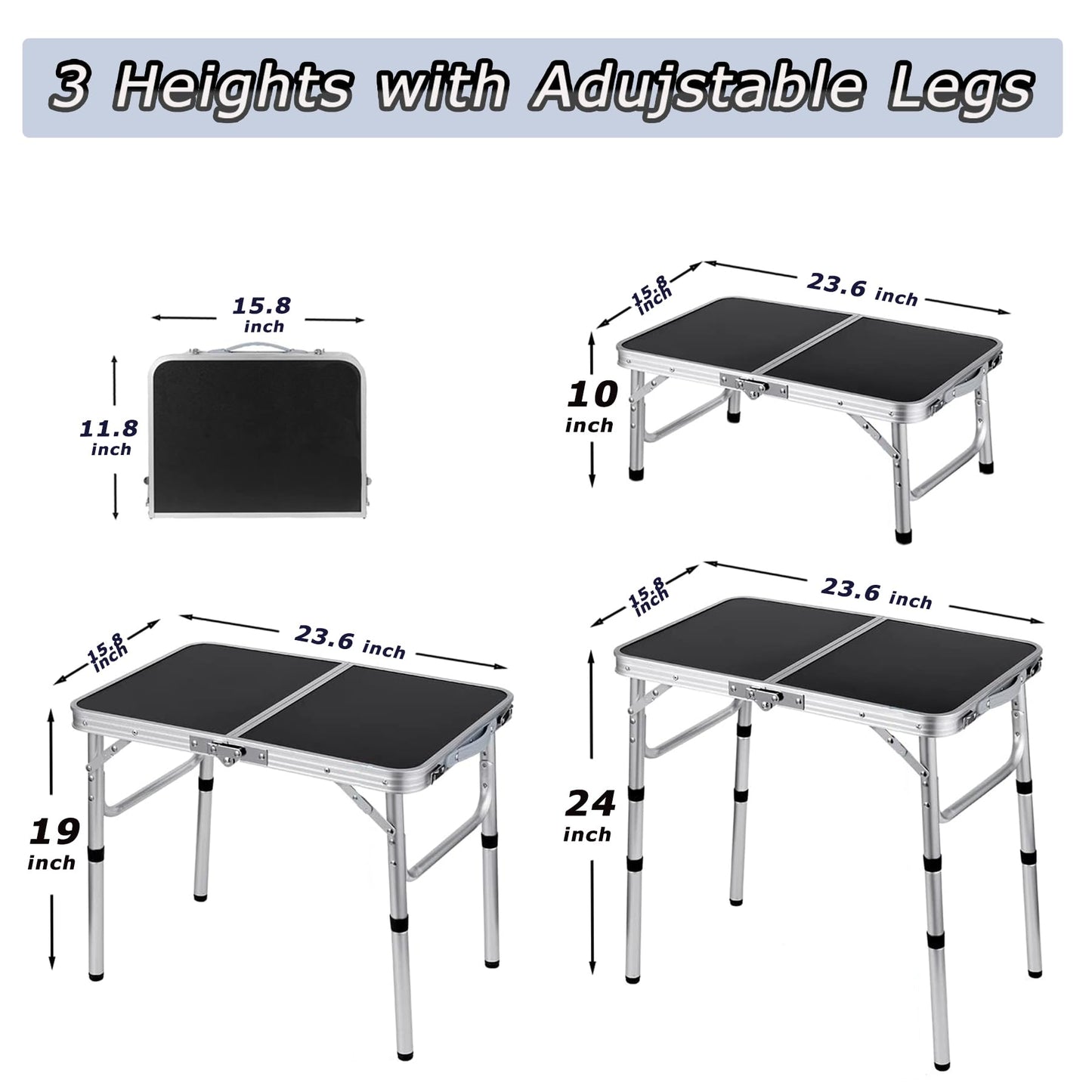 YihuiKo Folding Camping Table, Adjustable Height Folding Table, Portable Aluminum Small Folding Table with Carry Handle for Picnic, BBQ, Indoor, Office