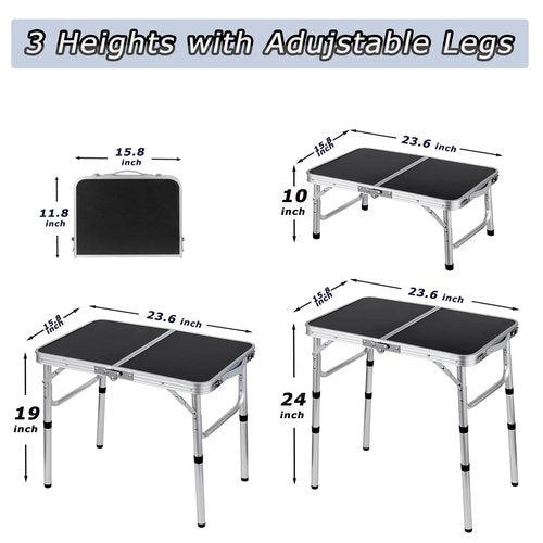 YihuiKo Folding Camping Table, Adjustable Height Folding Table, Portable Aluminum Small Folding Table with Carry Handle for Picnic, BBQ, Indoor, Office