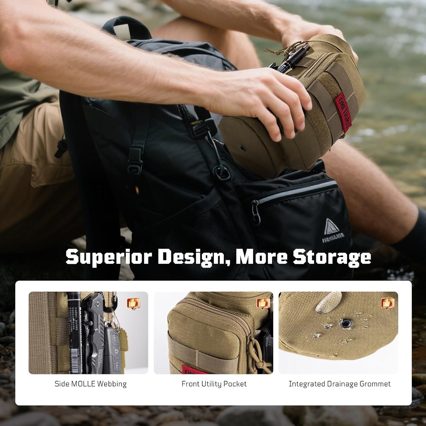 OneTigris Molle Water Bottle Pouch, 32oz Sniper Bottle Holder Tactical Hydration Carrier Bag with Extra Pouch and Detachable Shoulder Strap 1000D Nylon for Hiking Camping Climbing