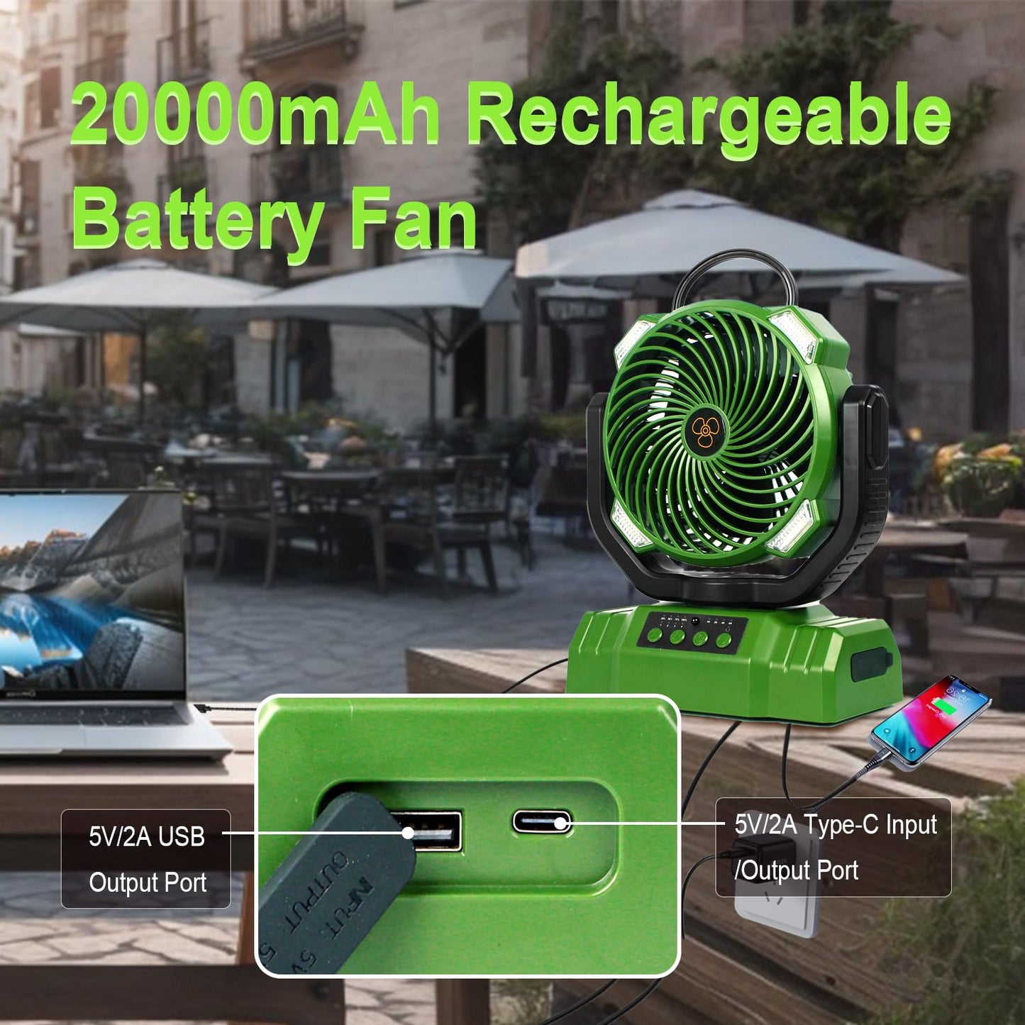 20000mAh Camping Fan with LED Lantern, 360° Oscillation, Remote Control, 4 Speed & Timer, Rechargeable Battery Powered Fan for Tent, Outdoor, Travel, Hurricane, Emergency, Power Outage (Green)