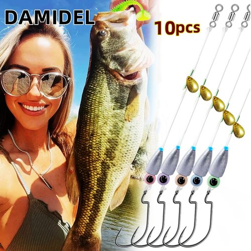 DAMIDEL 10Pcs Fishing Bullet Weights Texas Rigs Ready Kit,Worms, Sinker (10g/7g/5g), Worm Hooks, Carbon line,Spinner Blades,Eye Beads Bait, Fishing Bass Rig Saltwater Freshwater(5g)