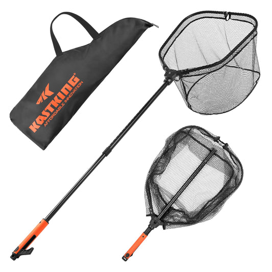 KastKing Brutus Fishing Net with Boat Hook, Foldable, Extendable, Lightweight & Strong Fish Landing Net, Non-Slip & Bright Orange TPR Handle, Fishing Gift for Men