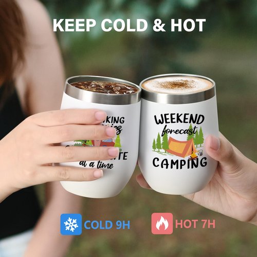 LiqCool - 2 Pack Camping Tumblers with Kitchen Towel Set, Cool Camping Gifts for Men, Women, Couples, Outdoor Gifts for Picnics, Hiking, RV Campers, Birthday, Christmas 12 Oz