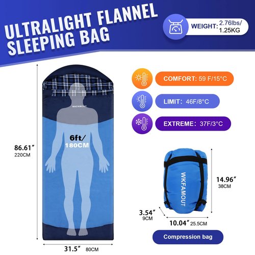 WKFAMOUT Backpacking Flannel Sleeping Bag Lightweight for Adults Hiking Ultralight Compact Sleeping Bag Portable Warm Weather Summer with Compression Sack
