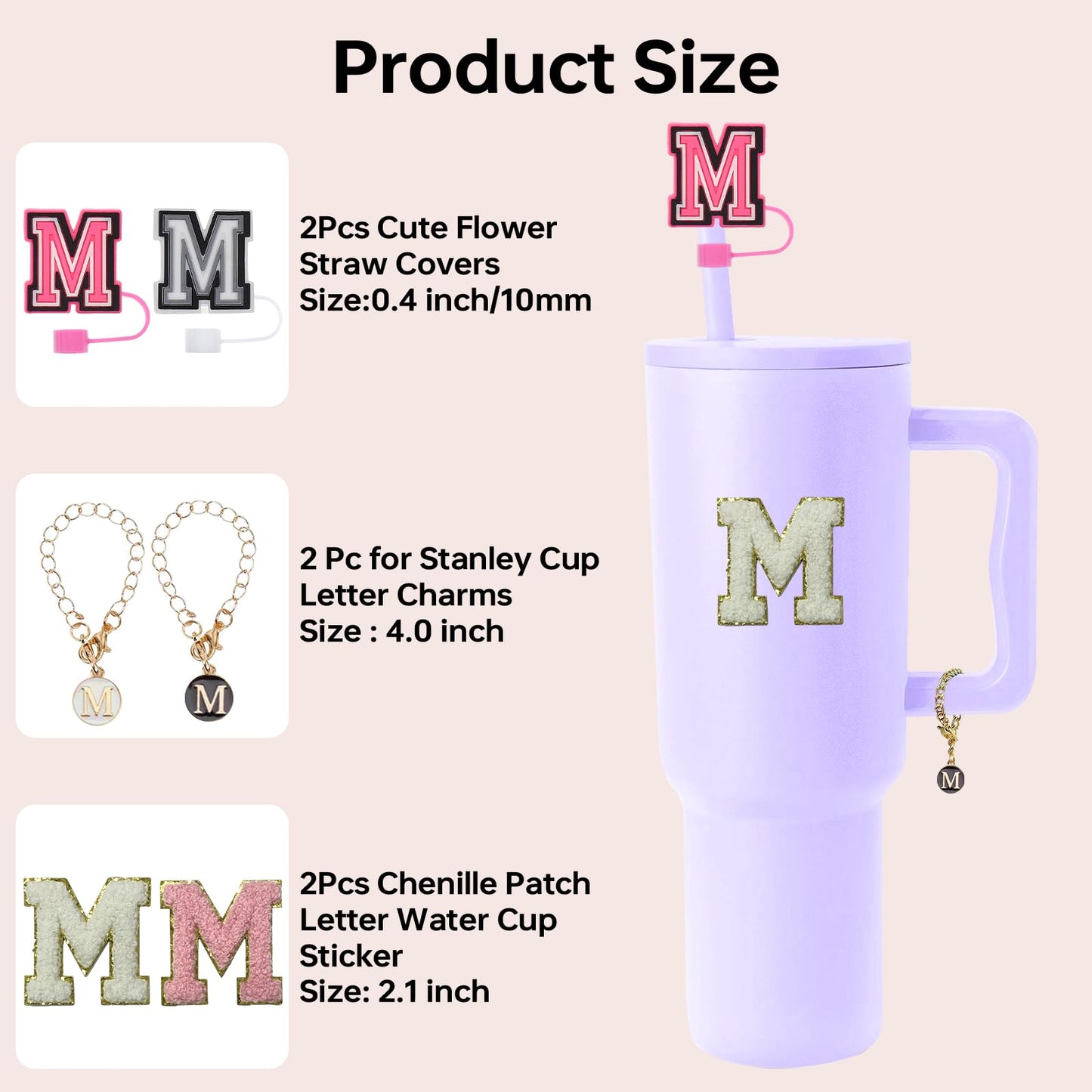 6PCS Stanley Cup Letter Charm Accessories, Silicone Straw Cover Cap Toppers, Adhesive Chenille Letters Patch Sticker, Initial Letter Hydro Charms for Stanley 30 40 Oz Tumblers Handle Decor M