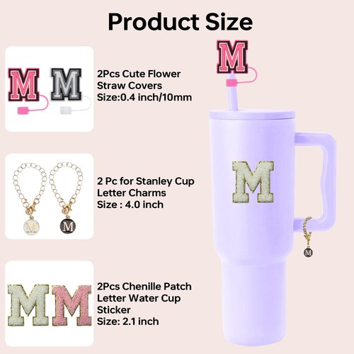 6PCS Stanley Cup Letter Charm Accessories, Silicone Straw Cover Cap Toppers, Adhesive Chenille Letters Patch Sticker, Initial Letter Hydro Charms for Stanley 30 40 Oz Tumblers Handle Decor M