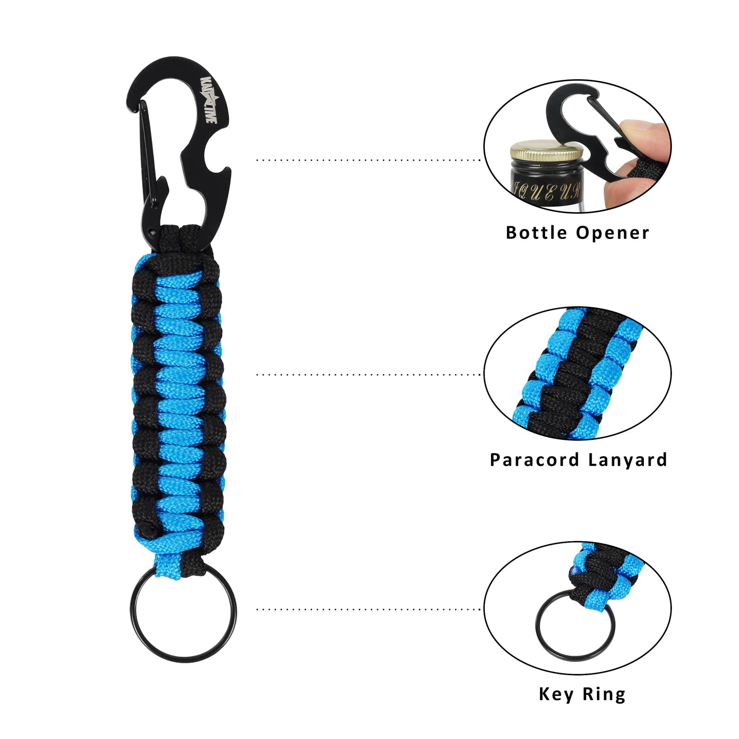 Kadactive Paracord Keychain Bottle opener - 2Pcs Carabiner Keychains for Backpack, Camping, Survival. Paracord Key Chains Men Woman Black-Pink LightBlue