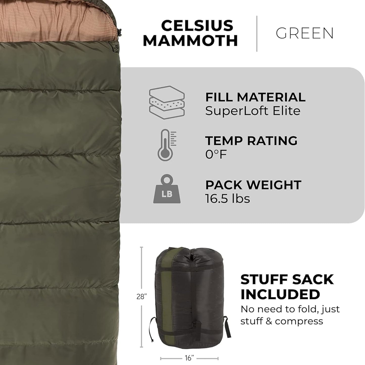 Teton Mammoth Queen Size Double Sleeping Bag- A Warm Bag The Whole Family can Enjoy – Great for Camping, Hunting and Base Camp. Compression Sack Included