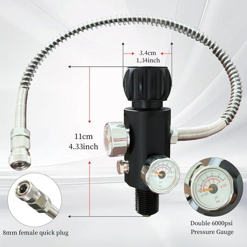 5/8-18UNF Thread 4500psi Black Paintball Fill Stations Adapter Valve Charging Valve PCP Air-Gun Tank Charging Valve Dual Gauge Valve (Non Regulated) with 20 Inches High Pressure Hose